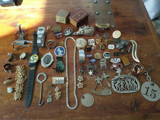 VTG Antique junk drawer lot Pins Watches Jewelry Boy Scouts Captain Midnight