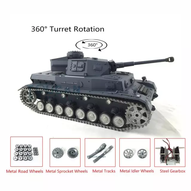 Heng Long 1/16 Customized Panzer IV F2 3859 RC Tank 360°Turret Metal Wheels 7.0