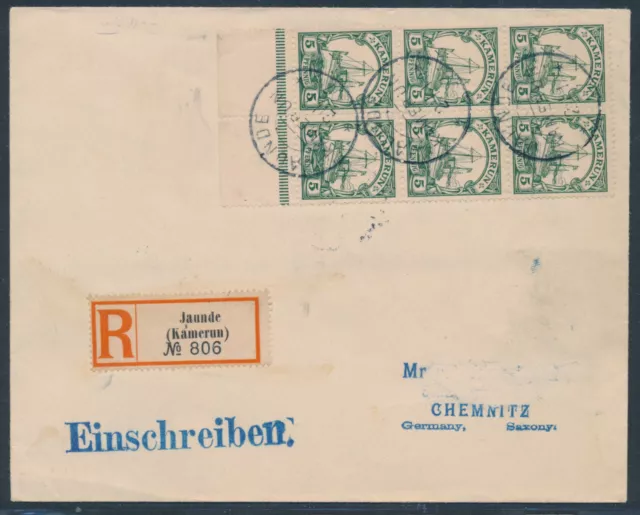 Kamerun 5 Pfennig Yacht Sechserblock Einschreiben Jaunde 1907 Chemnitz (S21247)