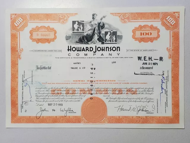 Howard Johnson Cancelled Stock Certificate