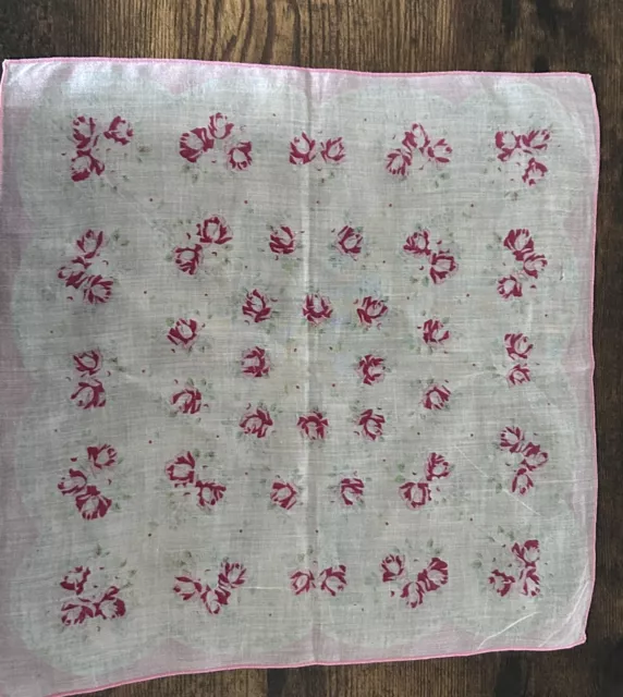 Vintage Handkerchief White Pink Roses Print Trim Square 12”
