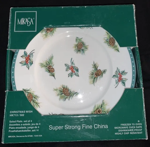 MIKASA Fine China CHRISTMAS WISHES  SET OF 4 SALAD PLATES, NEW in Box, Vintage