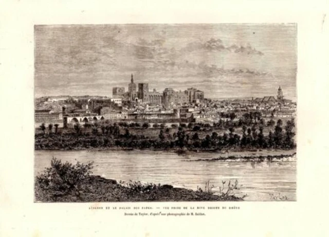 GRAVURE SUR BOIS 19ème AVIGNON ET LE PALAIS DES PAPES VUE RIVE DROITE DU RHONE