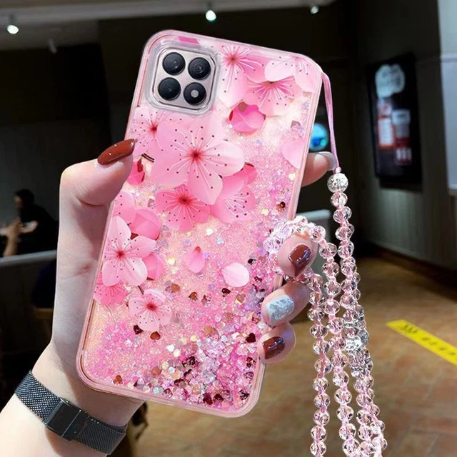 For OPPO VIVO Quicksand Flower +Neck Chain Soft Phone Case Cover Back Women Girl