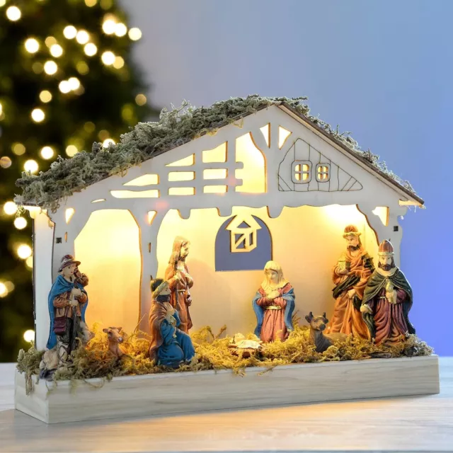 Belén de madera de Navidad a batería 26 cm Navidad con cálidos LED blancos 2