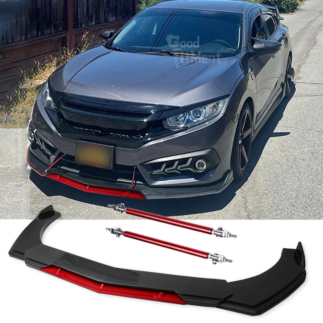 For Honda Civic Hatchback Carbon Fiber Front Bumper Lip Splitter Kit + Strut Rod