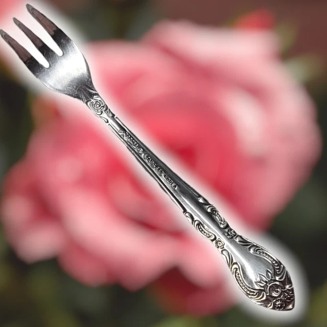 Vintage Rogers Stainless Steel Korea Cabbage Rose Floral Scroll Cocktail Fork