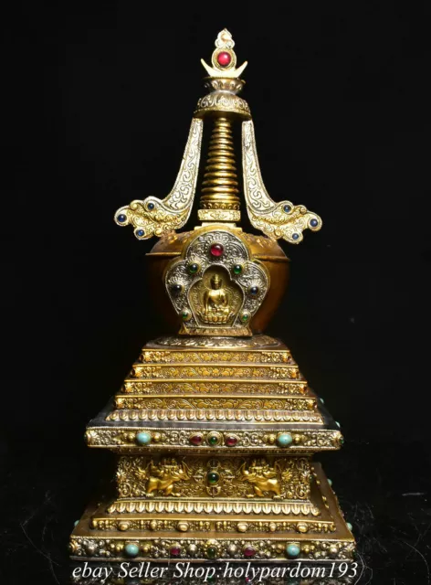 13.6” Old Tibet Bronze Gilt Painting Gems Buddha Stupa Pagoda Tower Statue