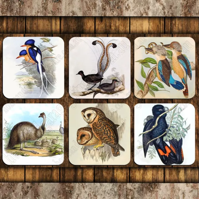 Set Of 6 Coasters, John Gould, Cockatoo Kingfisher Lyrebird Kookaburra Owl Emu