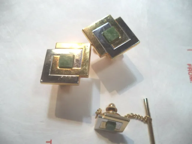 Vintage Gold Tone with Green Stone Tie Pin and Cuff Links Vintage