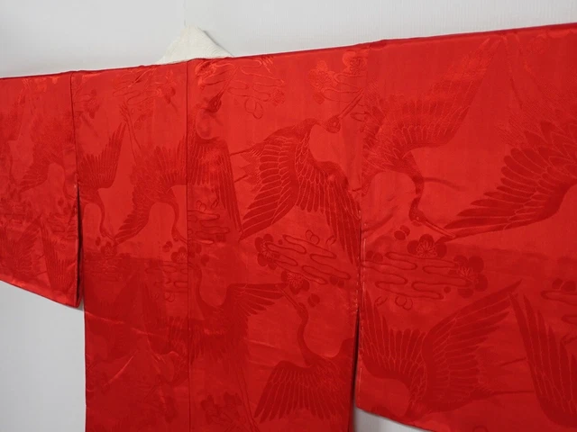 0621N06z380 Vintage Japanese Kimono Silk JUBAN Red Flying crane