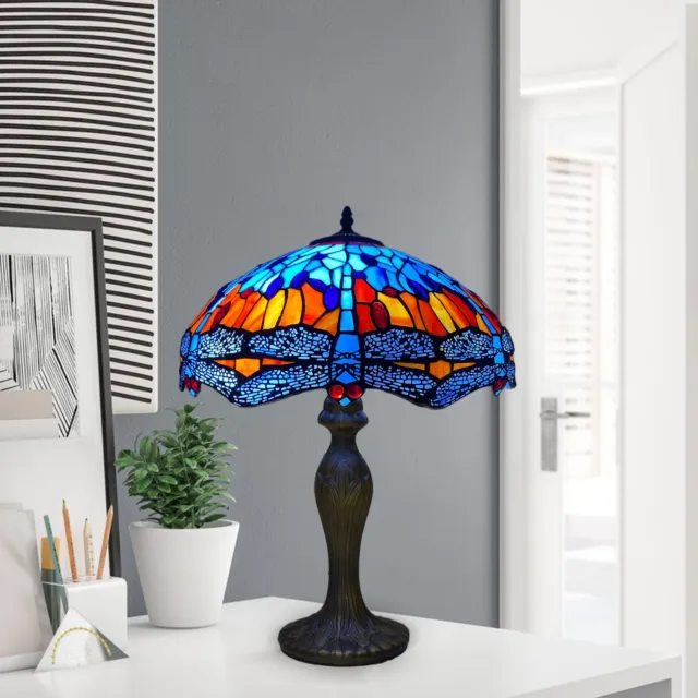 Lampada da tavolo stile libellula blu Tiffany 16 pollici vetro colorato arte artigianale