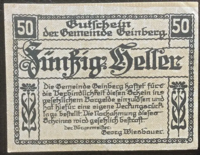 50 Heller Gemeinde Geinberg  1920 UNC Notgeld Österreich   #24.02.w