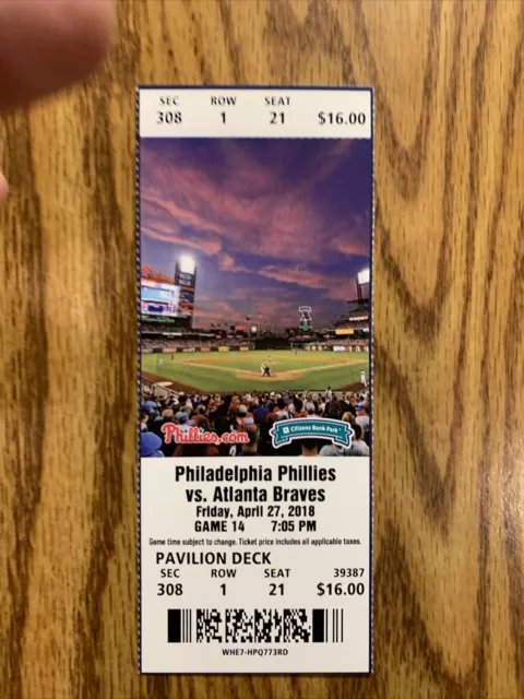 Ronald Acuna Jr Career game 3 (hits 5 + 6, 3rd RBI)  Ticket Stub 4/27/18 Braves