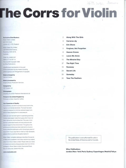 THE CORRS For Violin - 12 Partitions pour violon / Sheet music Wise Publications 2