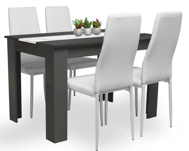 Holz Esstisch und Stühle 4/6er Set Pu Leder Sitz Küche Zimmer Möbel grau