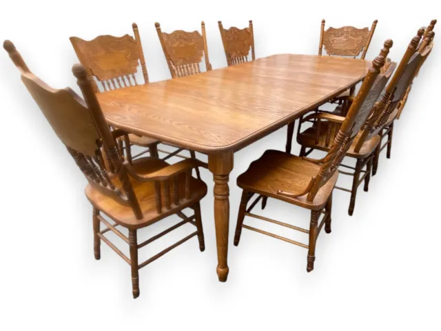 12 PC Vintage Oak Wood Farmhouse Dining Set w/ 8 High Pressback Chairs *Rare*