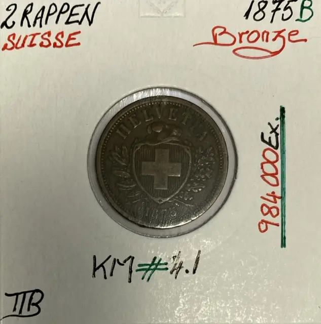 SUISSE - 2 RAPPEN 1875 B - Pièce de Monnaie en Bronze // Qualité : TTB