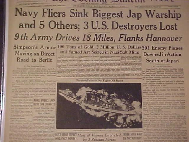 VINTAGE NEWSPAPER HEADLINE WORLD War 2 Japanese Battleship Yamato Sunk vintage-newspaper-headline-world-war-2-japanese-battleship-yamato-sunk