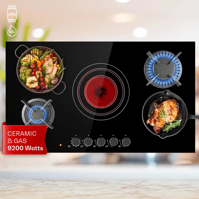 Hobb Cooker GAS HOB COOKER Cook Top 5 Burners Glass Ceramic Natural Gas 9 Power 9.2 ...
