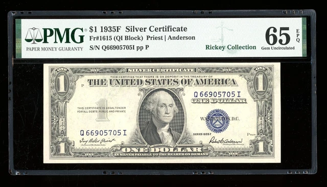 DBR $1 1935-F Silver Gem Fr. 1615 QI Block PMG 65 EPQ Serial Q66905705I