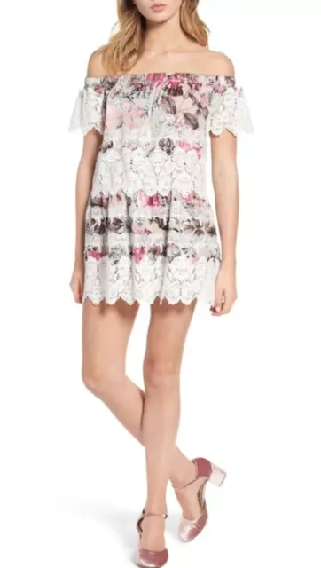 For Love & Lemons Womens Pink Floral Cadence Off The Shoulder Dress Sz L L20413