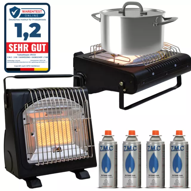 2in1 Tragbare Gasheizung 1,7KW Camping Butan Gas Kocher + Gaskartuschen 227g
