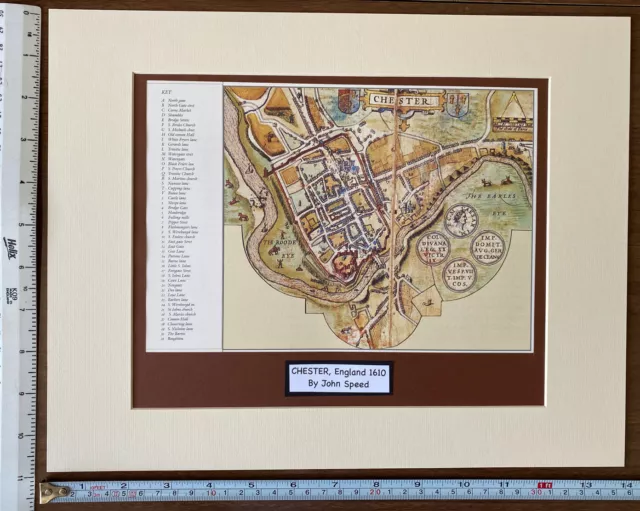 Mounted Old Antique Tudor town plan map Chester, England: Speed 1600s Reprint