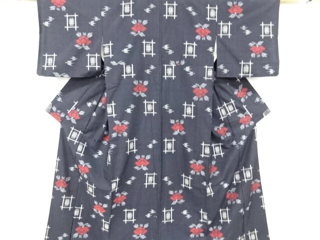 6806713: Japanese Kimono / Antique Kimono / Fushi Tsumugi / Woven Flower & Igeta