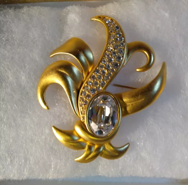 Vintage SWAROVSKI Swan Logo Signed Matte Gold Crystals Abstract Crow Bird Brooch