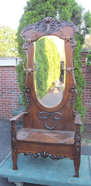 Antique American Oak Hall Seat Tree Ornate Mirror Carved Old Finish Original Nce