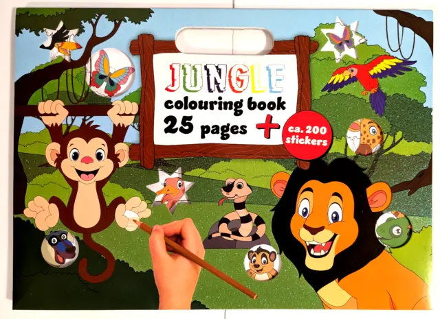 Malbuch für Kinder Thema Tiere im Dschungel mit 25 Seiten +200 Aufkleber 34x25cm