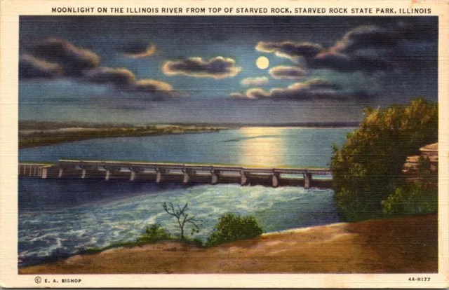 1934 POSTCARD STARVED ROCK STATE PARK Moonlight on Illinois River - Lock & Dam
