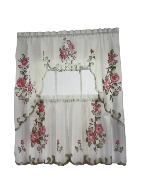 Vintage Kitchen 3pc Cafe Curtain Tier & Swag Set Shabby Chic Cottage 60”x36” New
