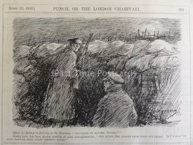 WW1 1916 SENTRY ON FIRST STEP IN THE TRENCHES Punch Cartoon 12th April