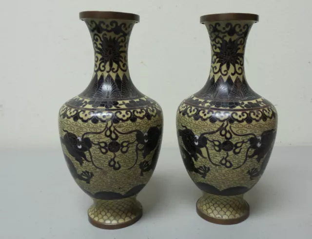 UNUSUAL PAIR 19th Century ANTIQUE CHINESE CLOISONNE ENAMEL 6.75" DRAGON VASES