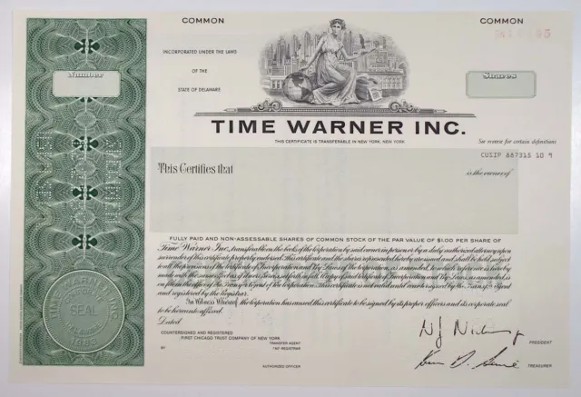Time Warner Inc., 1989 Odd Shares Specimen Stock Certificate, VF SC-USBN