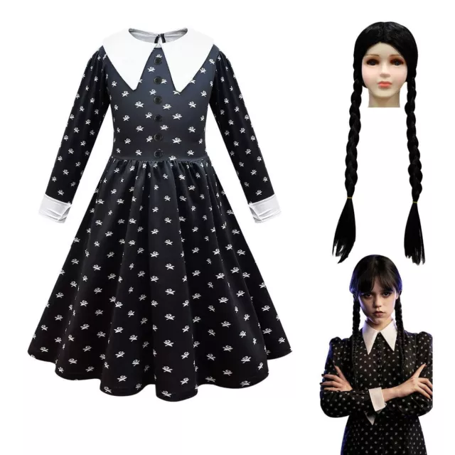 Wednesday Addams Family Costume Girls Adams Fancy Dress Wig Party Outfit Suit UK