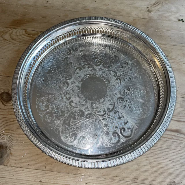 Vintage Round Tray Galleried Silver Plated Cavalier Made In England 28.5 Cm Diam