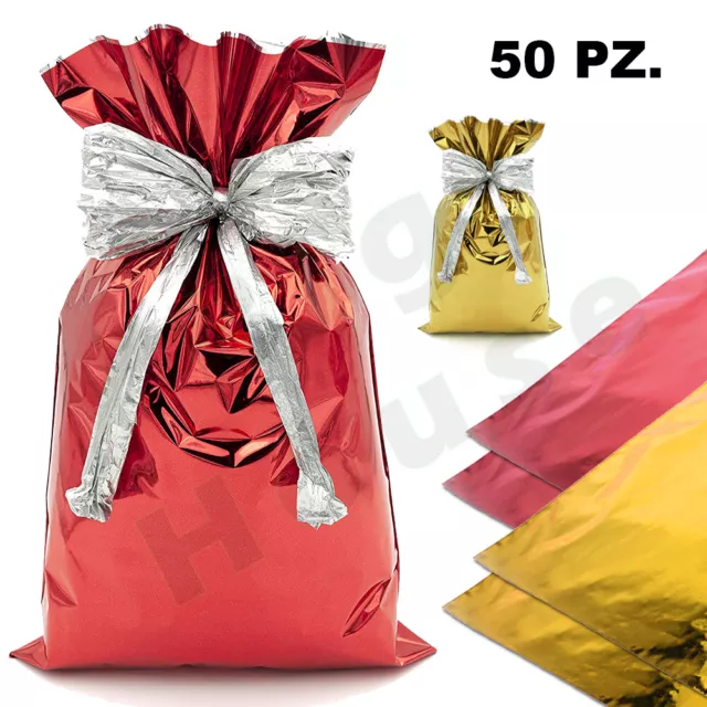 Buste Metallizzate Sacchetti 50 Pz. per Regalo di Natale Compleanno Pensierino