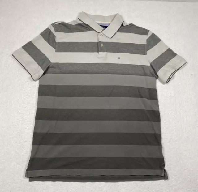 Tommy Hilfiger Polo Shirt Adult Mens XL Gray Striped Short Sleeve Custom Fit