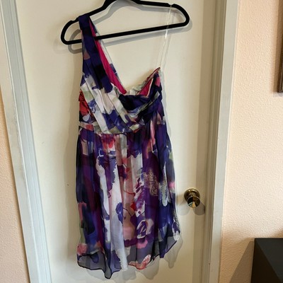 NWT Kas New York A Line Dress Medium One Shoulder Purple White Floral Silk