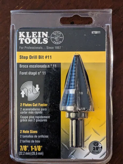 New Klein Tools Step Drill Bit #11 KTSB11 Double Fluted 7/8", 1 1/8"