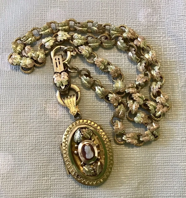 Antique Tri-Color Gold Filled Cameo Etruscan Revival Locket On Fancy Book Chain Antique Tri-Color Gold Filled Cameo Etruscan Revival Locket On Fancy Book Chain