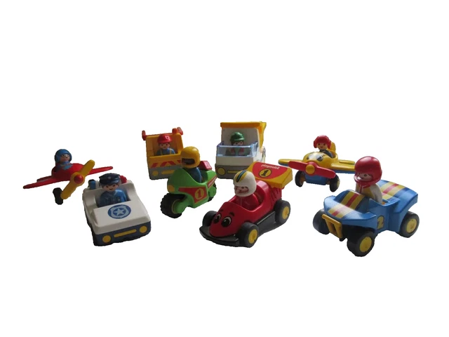 Lot De 4 Véhicules Playmobil 123 – Avion, Camion Pompier, Voiture Police Et Quad – Occasion