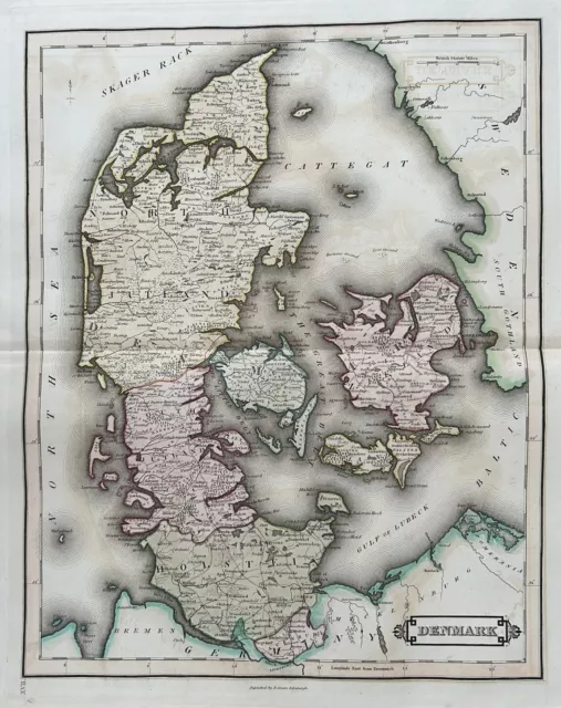 1828 Denmark by Daniel Lizars Large Hand Coloured Antique Map