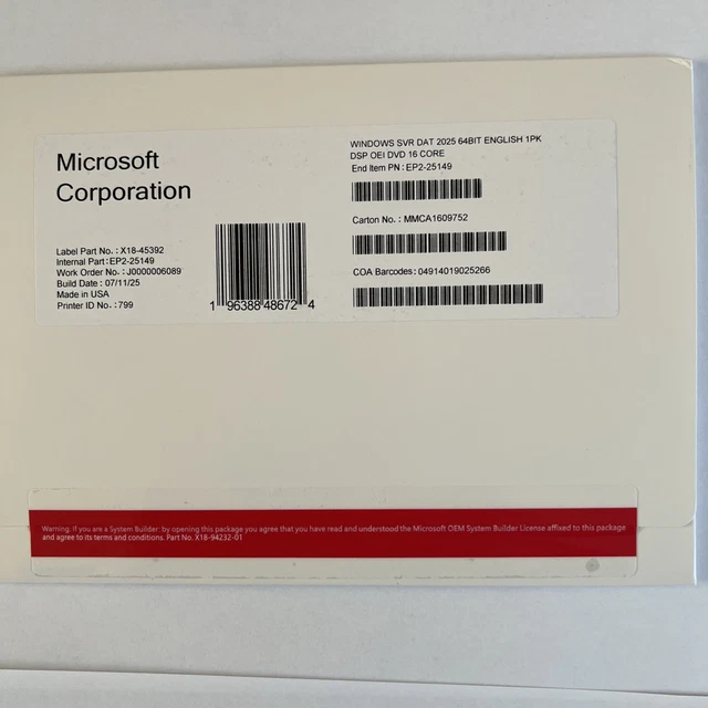 MICROSOFT WINDOWS SERVER 2025 Datacenter 16 Core DVD £63.59 - PicClick UK