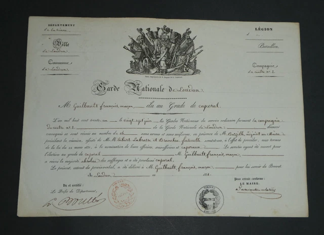DIPLÔME BREVET MILITAIRE Garde Nationale Grade de Caporal Loudin 1831