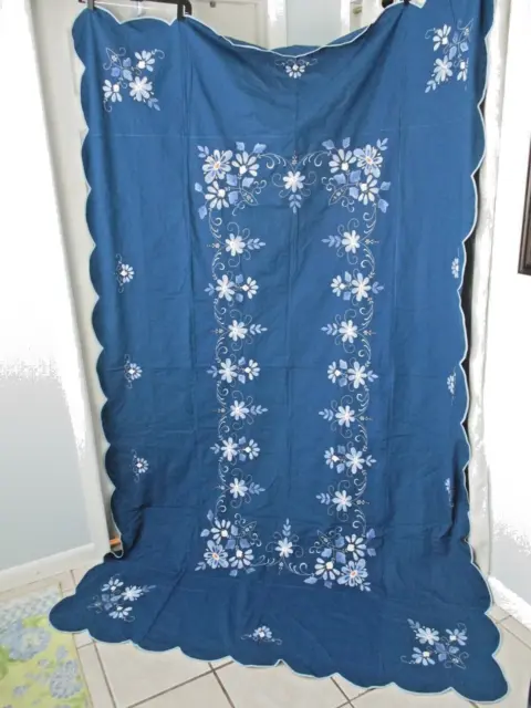 Vintage Tablecloth Blue Scalloped Edge Floral Flower Applique Banquet 62x99
