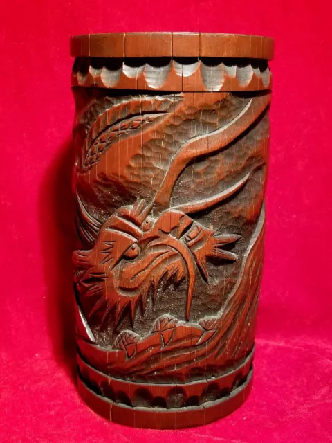 19th Century Hand-Carved Chinese Wooden DRAGON Artisan Wood Cup vtg Mug Antique